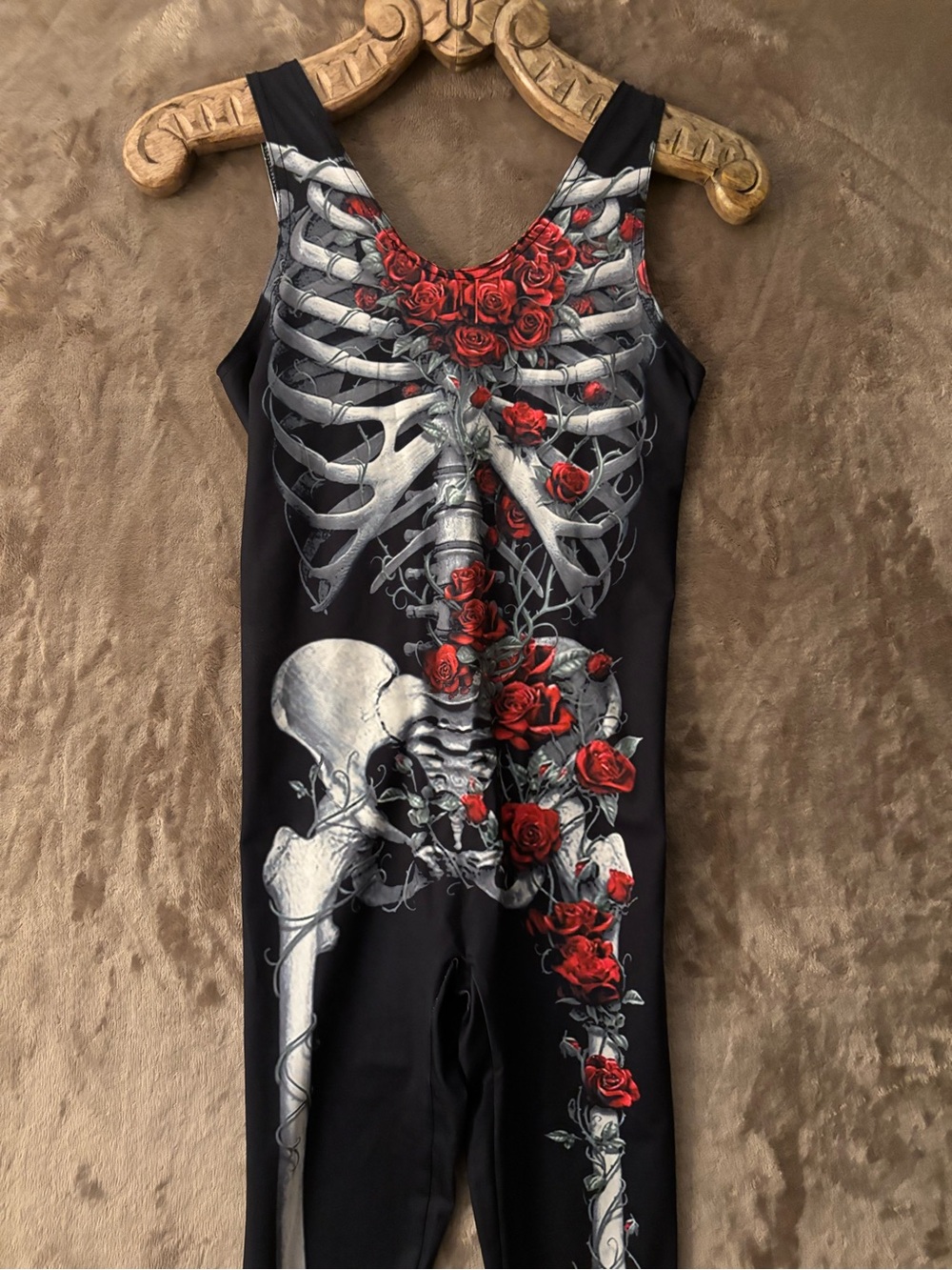 Women’s Black Skeleton Jumpsuit Bones & Red Roses Halloween Costume Size S - Picture 3 of 7
